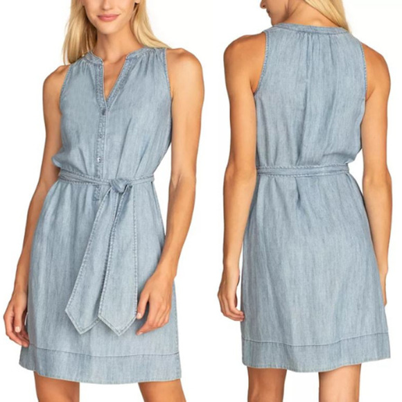 Trina Turk Anemones Chambray Self Tie Waist A-Line Mini Dress Blue Womens Sze XS - Picture 1 of 5